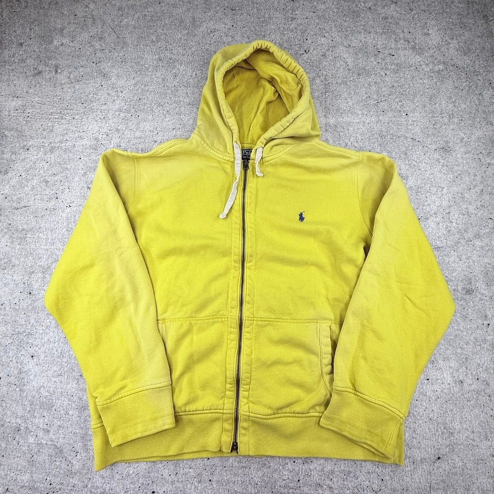 Vintage Polo Ralph Lauren Yellow Zip‎ Up Hoodie Waffle Lined Blue Pony Mens XXL